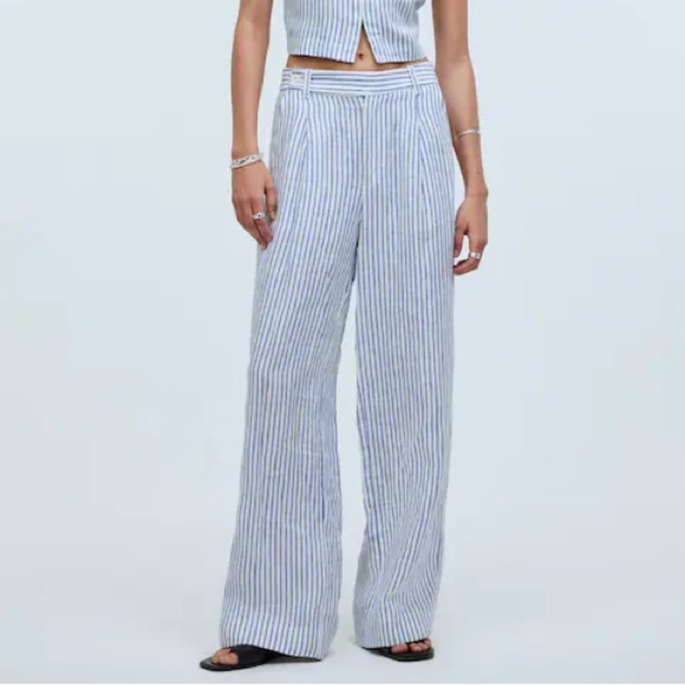 Madewell Harlow Blue and White Striped Wide Leg Linen Pant 10